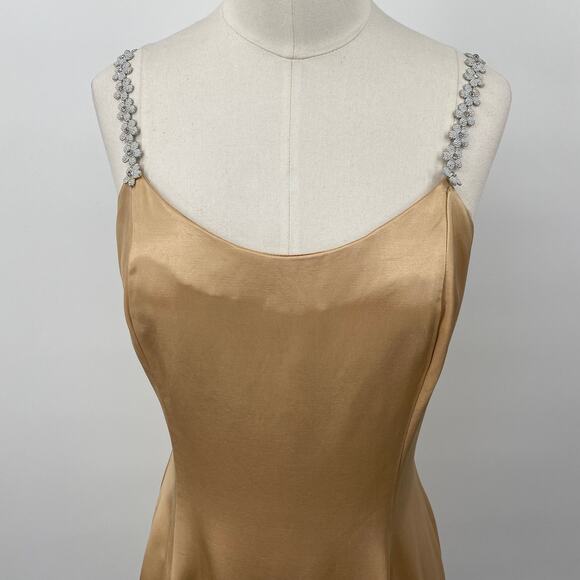 Vintage 90s Jessica McClintock Satin Mini Dress Flower Beaded Straps Champagne 6 - Picture 2 of 15